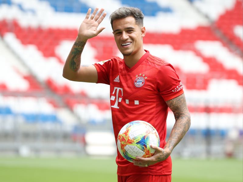 Newly signed Player of FC Bayern Muenchen Philippe Coutinho reacts during his official presentation at Allianz Arena on August 19, 2019 in Munich, Germany. (Photo by Alexander Hassenstein/Bongarts/Getty Images)