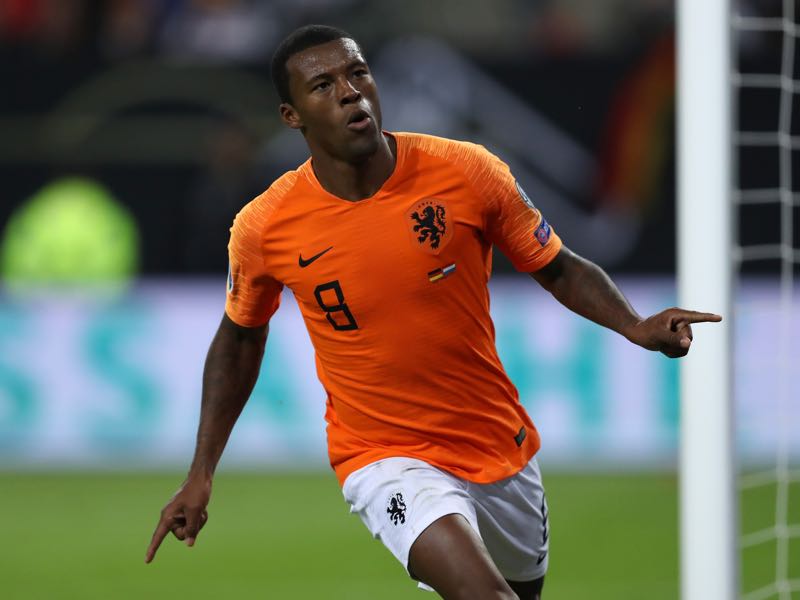 Germany v Netherlands - Georginio Wijnaldum of The Netherlands celebrates after scoring his sides 4th goal during the UEFA Euro 2020 qualifier match between Germany and Netherlands at Volksparkstadion on September 06, 2019 in Hamburg, Germany. (Photo by Maja Hitij/Bongarts/Getty Images)