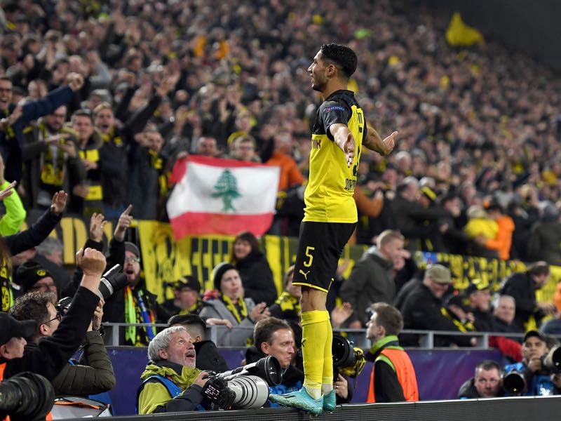 Dortmund v Inter Milan - Achraf Hakimi of Borussia Dortmund celebrates after scoring his team's third goal during the UEFA Champions League group F match between Borussia Dortmund and Inter at Signal Iduna Park on November 05, 2019 in Dortmund, Germany. (Photo by Jörg Schüler/Getty Images)